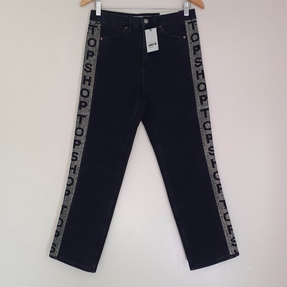 Diamond Embellished High waist Straight Leg Jeans, 99%Cotton Moto Ankle NEW 28 - Picture 7 of 10